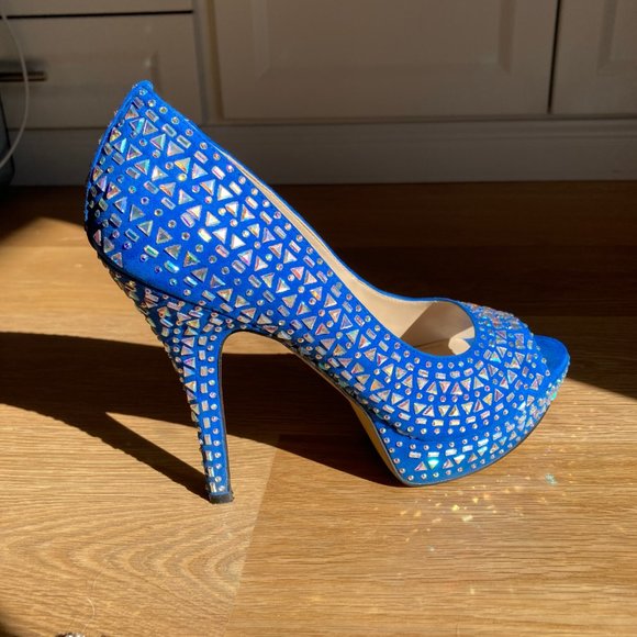 ENZO ANGIOLINI size 8 blue fun embellished platform peep toe heel - Picture 11 of 11